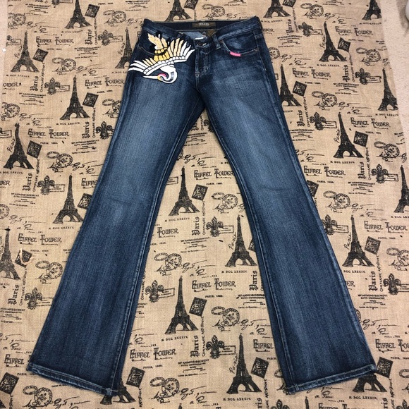 Switch USA Embroidered Bird Dark Wash Flare Bootcut Jean Size 27 - Picture 3 of 14